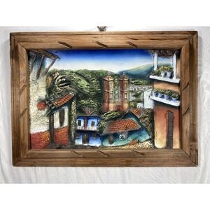 Vtg Pueblo Scene Acrylic 3-D Hand Painted rustic wood frame southwestern 22x30